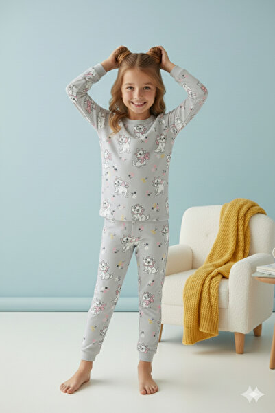 ROSAMİNA Σετ πιτζάμες για κορίτσια από 100% βαμβάκι με ροζ μοτίβο γάτας