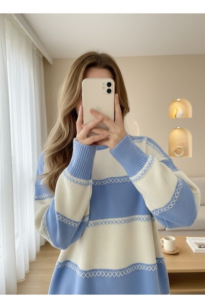 Modamorfo Pletená tunika se vzorem křížových pruhů - modrá