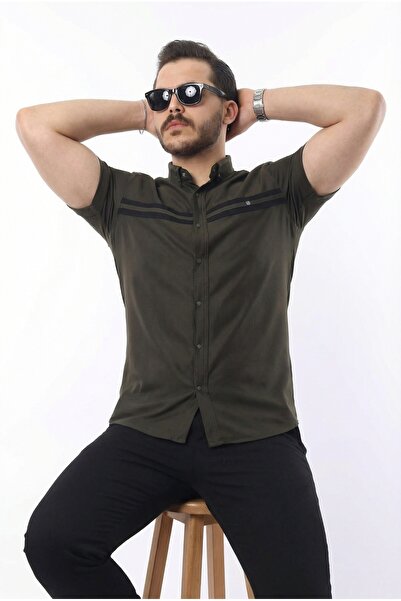 comstar Men's Short Sleeve Tight Summer Double Striped Khaki Shirt