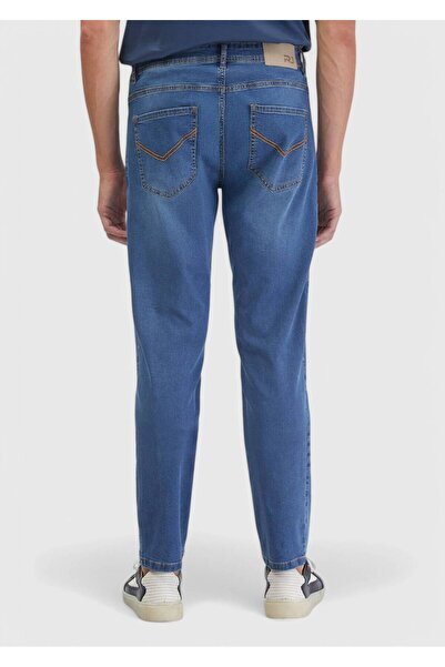 Ramsey Blue Straight Slim Fit Denim Cotton Blended Trousers