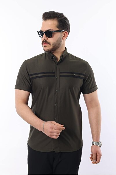 comstar Men's Short Sleeve Tight Summer Double Striped Khaki Shirt