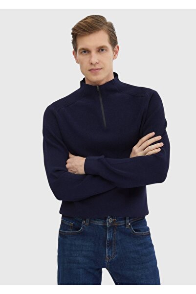 Ramsey Πλεκτό πουλόβερ με μισό ζιβάγκο Navy Blue Jacquard