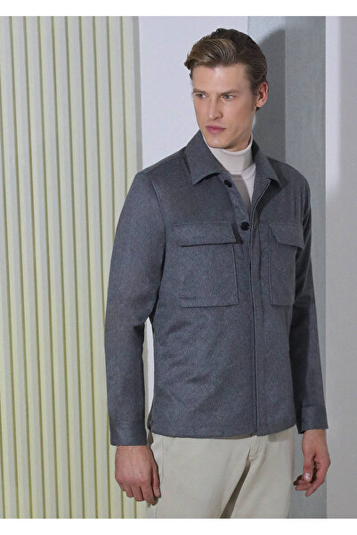 Ramsey Gri Düz Regular Fit Dokuma %100 Kaşmir Overshırt