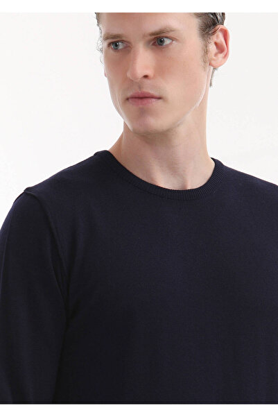 Ramsey Πλεκτό πουλόβερ με μπλέ Navy Crew Neck Plain Knit 100% μαλλί