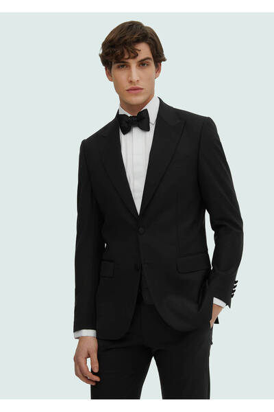 Ramsey Siyah Düz Thin&taller Slim Fit Kruvaze Yaka Dokuma Smokin Takım Elbise