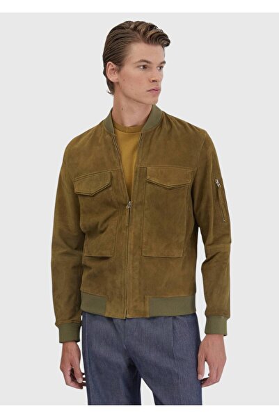 Ramsey معطف جلدي كاجوال ذو ياقة واقفة ومقاس عادي باللون الأخضر الزيتي