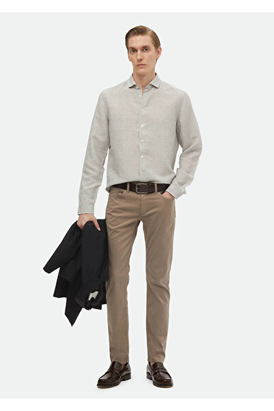 Ramsey Ανθρακί ριγέ λινό πουκάμισο με κανονική εφαρμογή