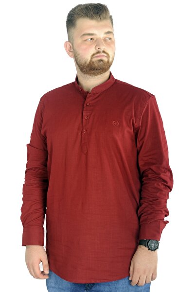 ModeXL Men's Linen Lycra Shirt - Plus Size, High Collar, Claret Red 20388