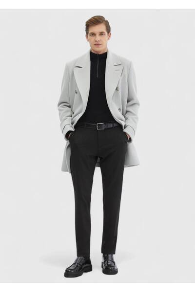 Ramsey Gri Regular Fit Kruvaze Yaka Casual Dokuma Palto