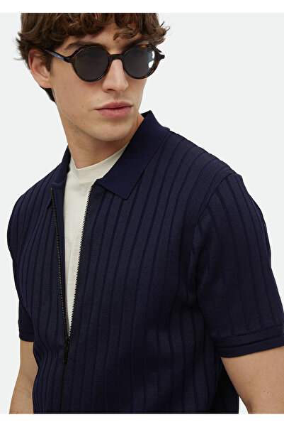 Ramsey Navy Blue Polo Collar Jacquard Cardigan