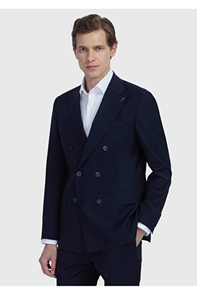 Ramsey Navy Blue Plain Zeroweight Slim Fit Wool Blended Suit