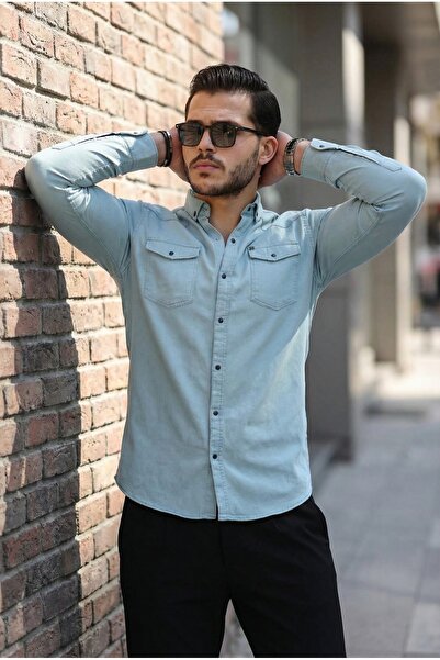 comstar Men's Slim Fit Basic Mint Denim Shirt with Snap Pocket