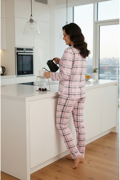 Bravie Luxury Viscose Pink Plaid Patterned Women's Long Sleeve Plus Size Pajama Set – 42531