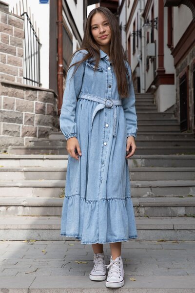 Cansın Mini Rochie de jeans acoperită cu nasturi pentru fete albastre 20495