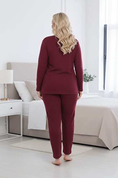 Temporium Women's Winter Claret Red Large Size Buttoned Collar Long Sleeve Interlock Pajama Set