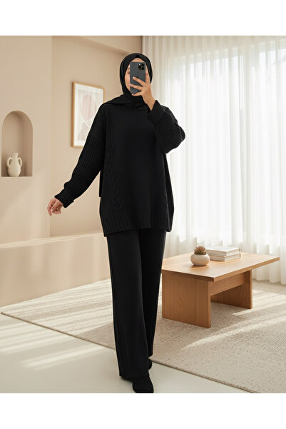 Modamorfo Knitted Patterned Long Back Knitwear Set - Black