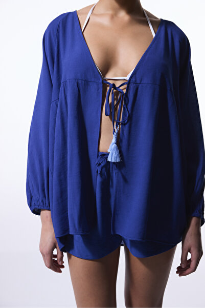 Penti Navy Blue Freya Crinckle Short Sleeve V-Neck Midi Kimono