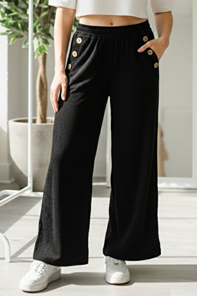 Chiccy Italian Black Pocketed Elastic Waist Wide Leg Slim Fi Corded Fabric Adife Woven Trousers 100 62