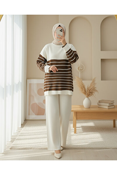Modamorfo Half-Thigh Striped Knitwear Set - Brown