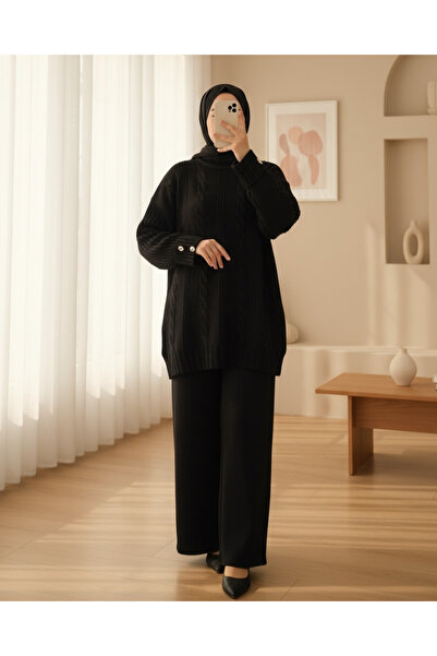 Modamorfo Hair Braid Pattern Sleeve Button Detailed Knitwear Set -Black