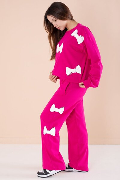 Cansın Mini Fuchsia Bow and Pearl Detailed Girls' Crew Neck 2-Piece Tracksuit Set 21204