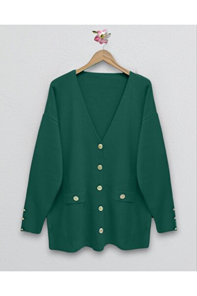Modamorfo Metal Button Pocket Detailed Cardigan - Emerald