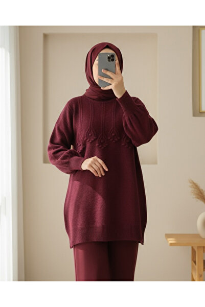 Modamorfo Round Neck Soft Knit Tunic with Stripe and Pom-Pom Detail - Burgundy