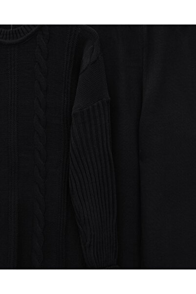 Modamorfo Hair Braid Pattern Sleeve Button Detailed Knitwear Set -Black