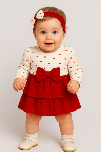 Chicsy Baby Baby Girl Heart Patterned Bow Cotton Dress 0-18 Months