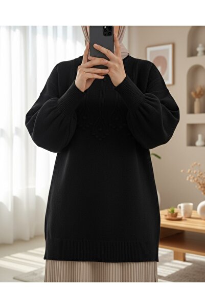 Modamorfo Round Neck Soft Knit Tunic with Stripe and Pom-Pom Detail - Black