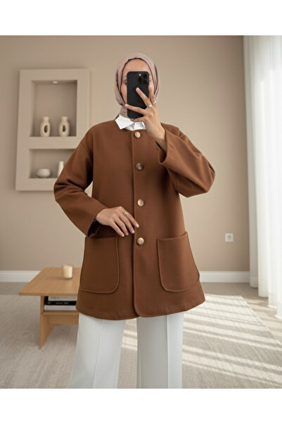 Modamorfo Double Pocket Buttoned Front Cashmere Jacket - Light Brown
