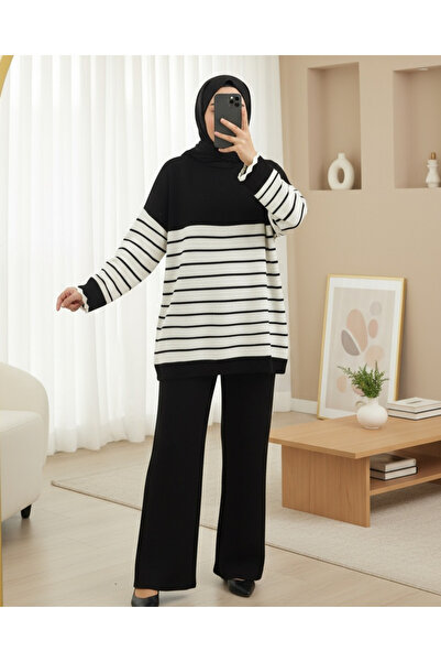Modamorfo Half-Thigh Striped Knitwear Set - Black