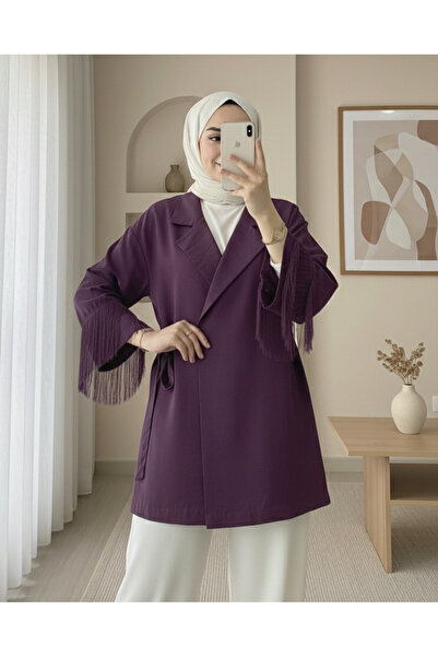 Modamorfo Tie-Front Kimono Jacket with Tassel Detail on the Sleeves - Plum