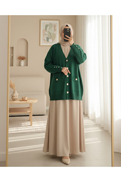 Modamorfo Metal Button Pocket Detailed Cardigan - Emerald