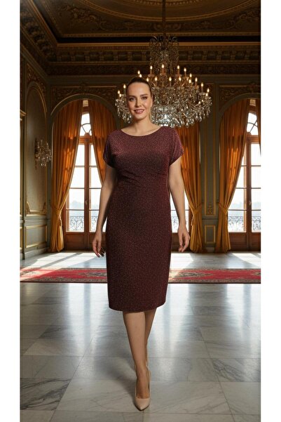 Nidya Moda Büyük Beden Kadın Bronz Simli Örme Vako Abiye Elbise-4035abr