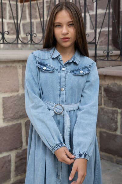 Cansın Mini Rochie de jeans acoperită cu nasturi pentru fete albastre 20495