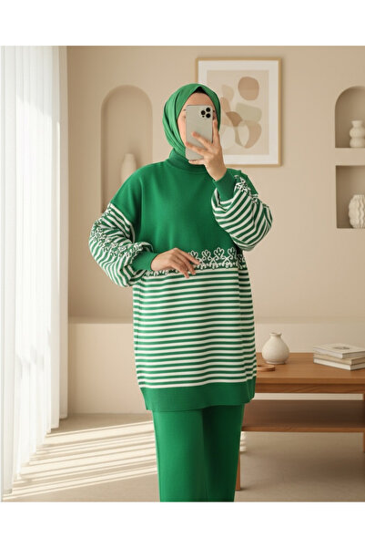 Modamorfo Süzene Embroidered Striped Knitwear Tunic - Green
