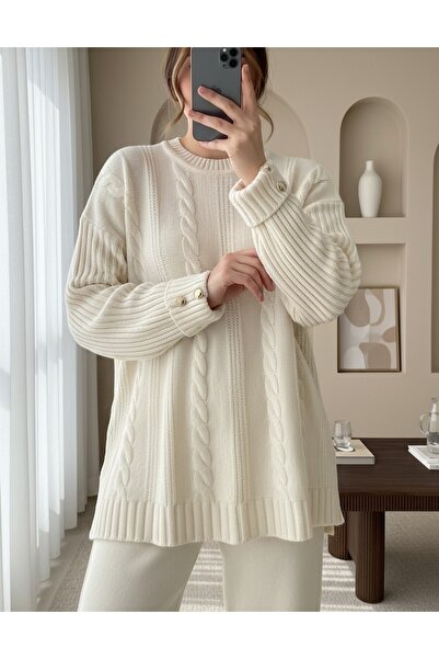 Modamorfo Hair Braid Pattern Sleeve Button Detailed Knitwear Set - Ecru