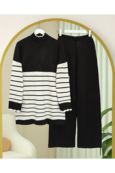 Modamorfo Half-Thigh Striped Knitwear Set - Black