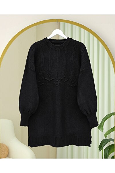 Modamorfo Round Neck Soft Knit Tunic with Stripe and Pom-Pom Detail - Black