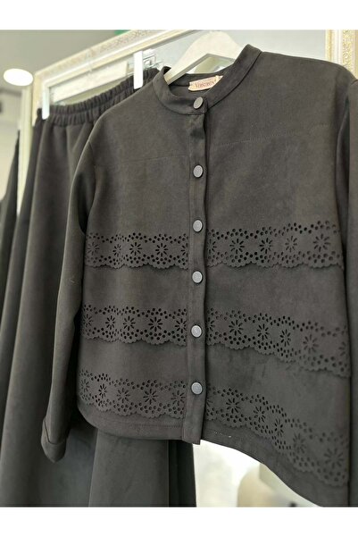 MRM MERAM BUTİK Shoulder Pad Tex Suede Skirt Suit Laser Cut - Black - 46