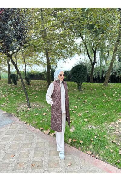 Minel Дамска кафява дълга ватирана жилетка