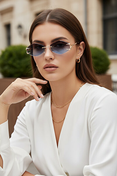 Kapin Auroven Çerçevesiz Pençe Detaylı Metal Tasarım Kadın Güneş Gözlüğü - Gri Mavi