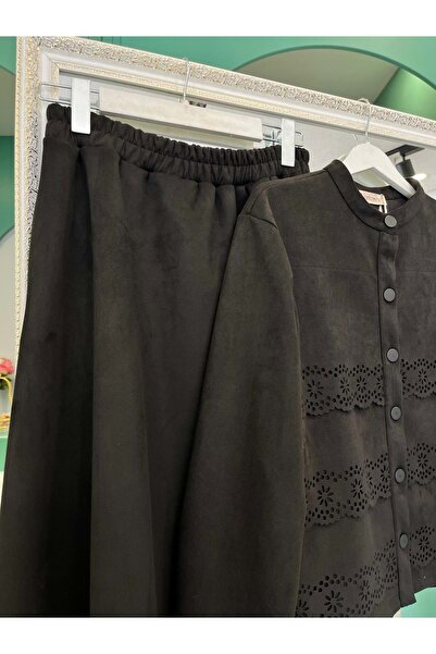 MRM MERAM BUTİK Shoulder Pad Tex Suede Skirt Suit Laser Cut - Black - 46