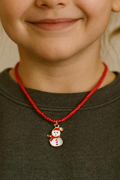 New Obsessions New Year's Red Beaded Necklace with Snowman Figure