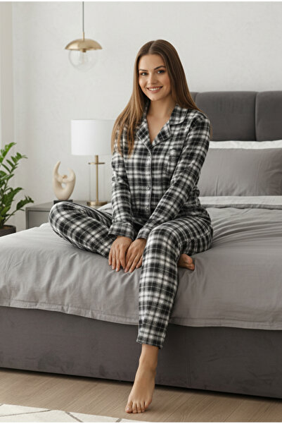 Bravie Πολυτελές σετ πιτζάμες από βισκόζη με μπλε ναυτικό καρό σχέδιο, με μακριά μανίκια, μεγάλου μεγέθους – 42527