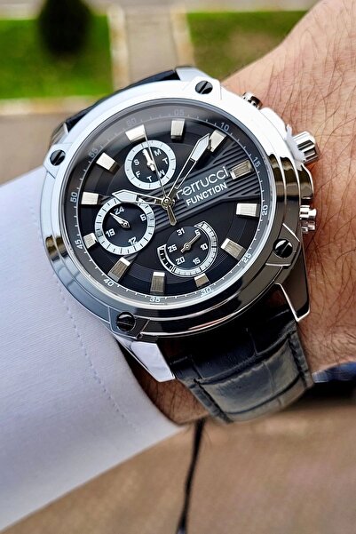 Ferrucci Kordonu Siyah Kasası Gümüş Renk Hediye Paketli Fonksiyonlu Erkek Kol Saati