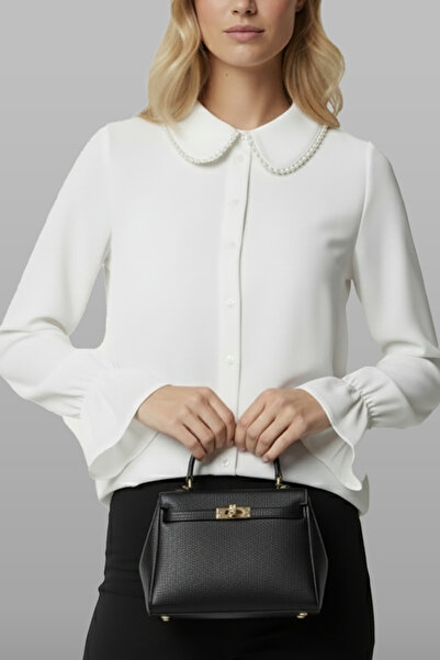 Fumel Women's Ecru Drawstring Sleeve Lace Collar Detailed Woven Shirt