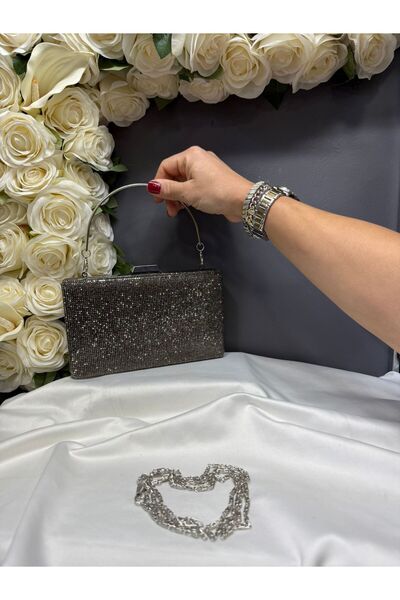 MİOSSA حقيبة فستان سهرة نسائية باللون الرمادي مع أحجار على الواجهة الأمامية