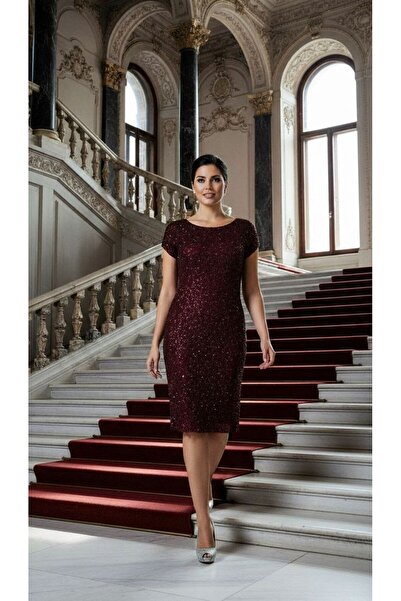 Nidya Moda Büyük Beden Simli  Vako Bordo Dantel Elbise 4035yb